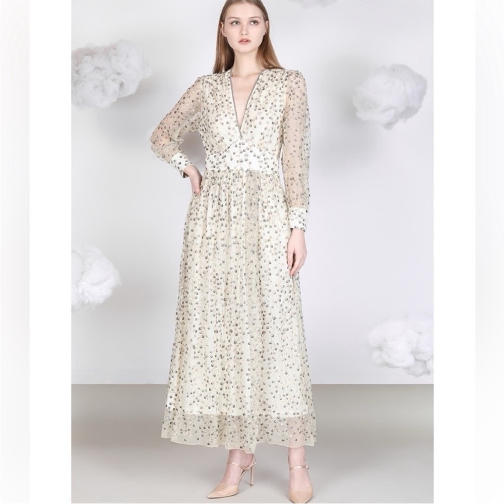 NWT Blank London Phileena Ivory Grey Metallic Wrap Maxi Dress Small Reg. $372 - Picture 11 of 11